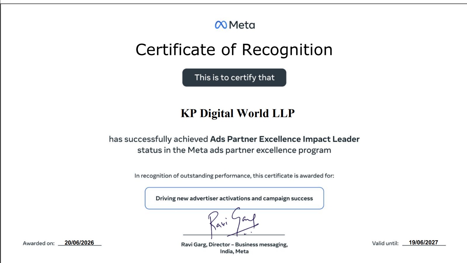 Certificate from Meta – Ads Partner Excellence Impact Leader
