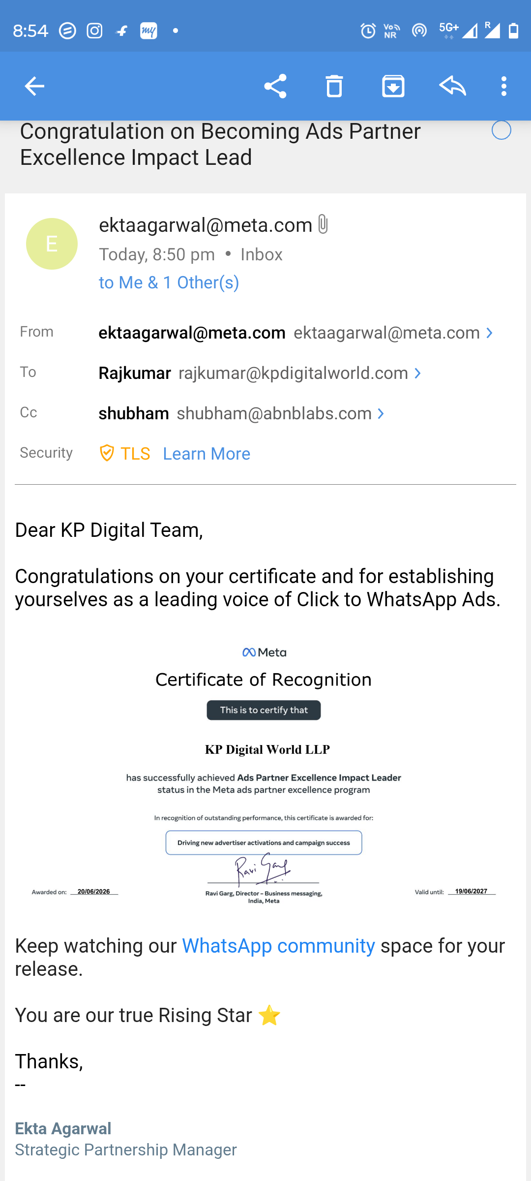 Official Email received from Meta.com for APEX Recognition